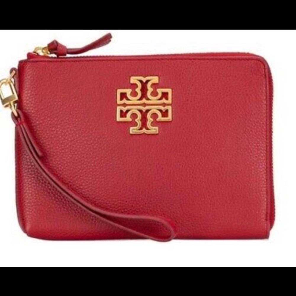 Tory Burch Britten Large Zip Leather pouch wristlet, Redstone color